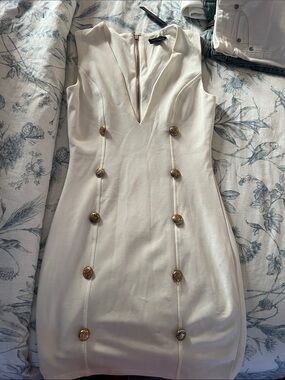 Miss Avenue Cream V-Neck Double-Breasted Mini Dress with Gold Buttons